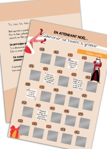 Calendrier de l'avent couple coquin avec 24 zones à gratter argentées.