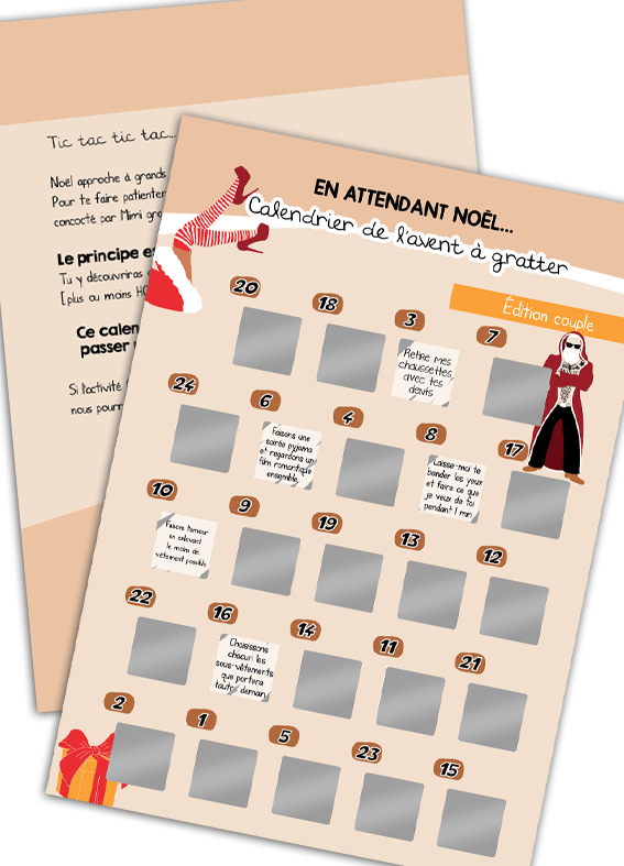 Calendrier de l'avent couple coquin avec 24 zones à gratter argentées.