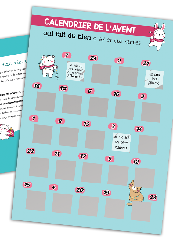 Calendrier de l'avent à gratter avec messages de pensée positive et bienveillance pour Noël