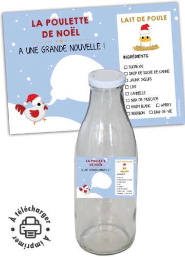Étiquette lait de poule à imprimer "La Poulette de Noël" pour annonce de grossesse ou demande parrain.