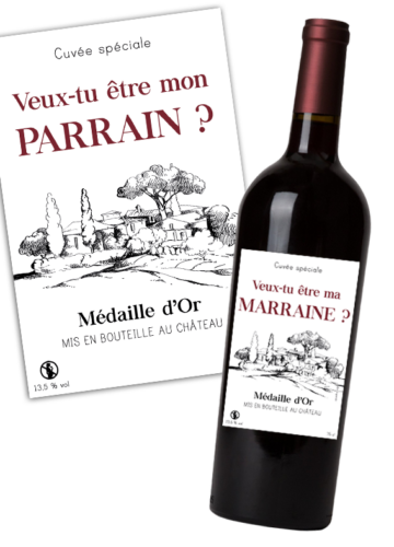 étiquette autocollante pour bouteille de vin annonce demande parrain marraine