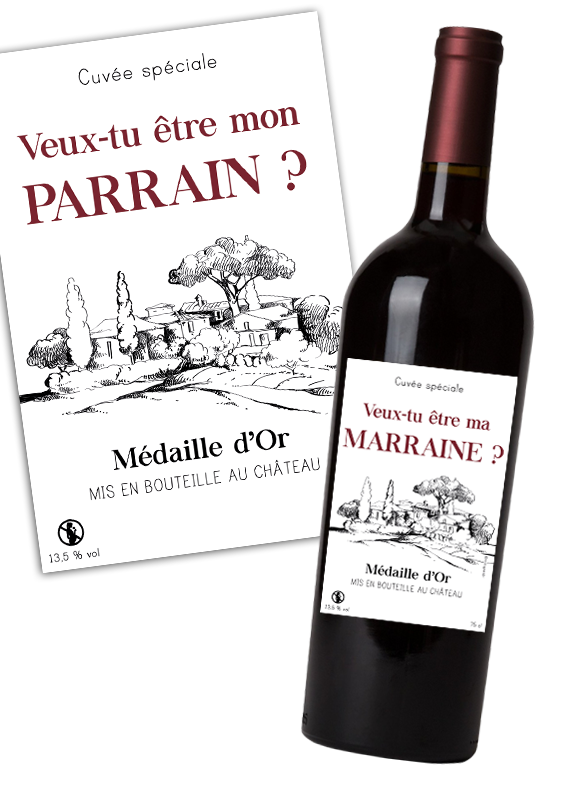 étiquette autocollante pour bouteille de vin annonce demande parrain marraine
