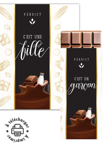 Annonce sexe bébé étiquette chocolat modèles Verdict fille et garçon.