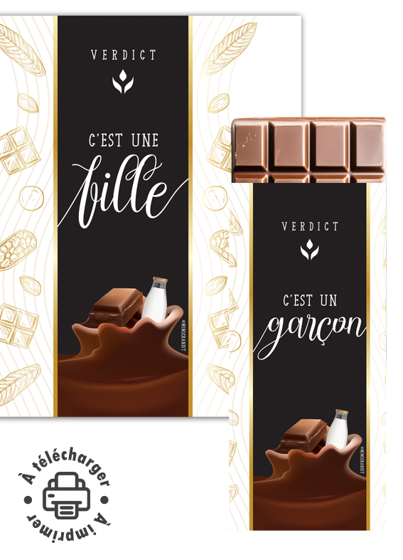 Annonce sexe bébé étiquette chocolat modèles Verdict fille et garçon.