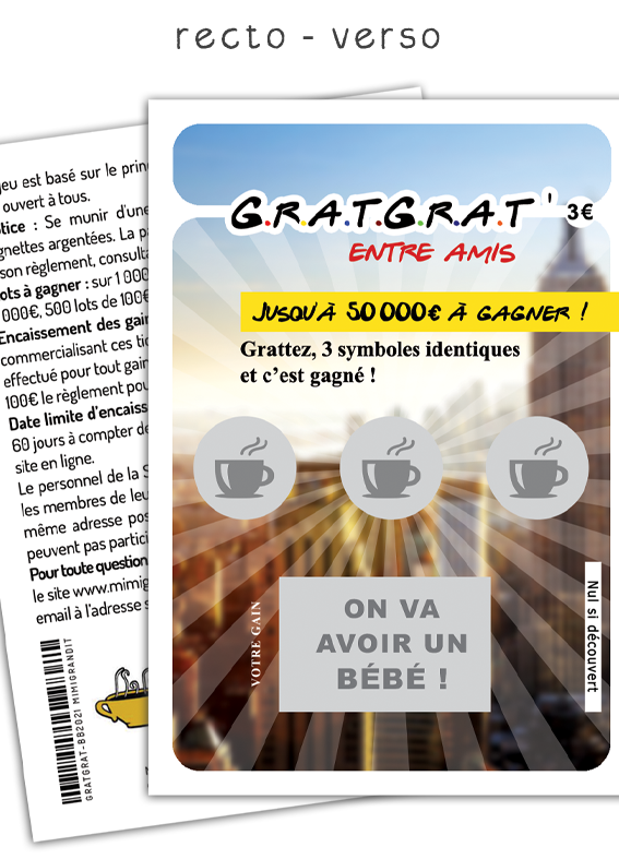 Ticket à gratter annonce grossesse pas cher avec règlement factice au dos. Ticket à gratter annonce grossesse pas cher avec règlement factice au dos.