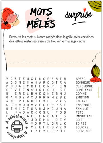 Demande parrain marraine originale mots mêlés à imprimer avec message caché.