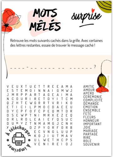 Demande témoin de mariage originale mots mêlés à imprimer avec message caché.