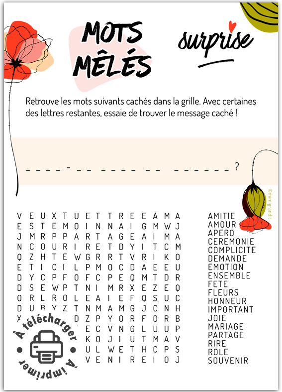 Demande témoin de mariage originale mots mêlés à imprimer avec message caché.