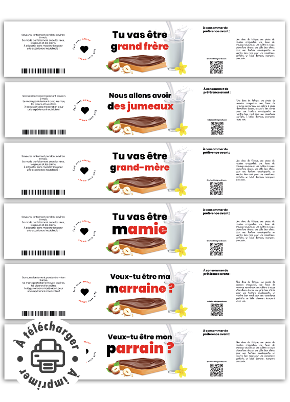 Pot de chocolat avec l'annonce grossesse étiquette pâte à tartiner à imprimer.