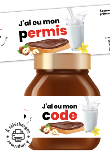 Étiquette personnalisée annonce réussite permis de conduire sur pot de chocolat.