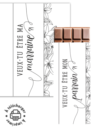 Demande parrain marraine étiquette chocolat noir et blanc à imprimer.