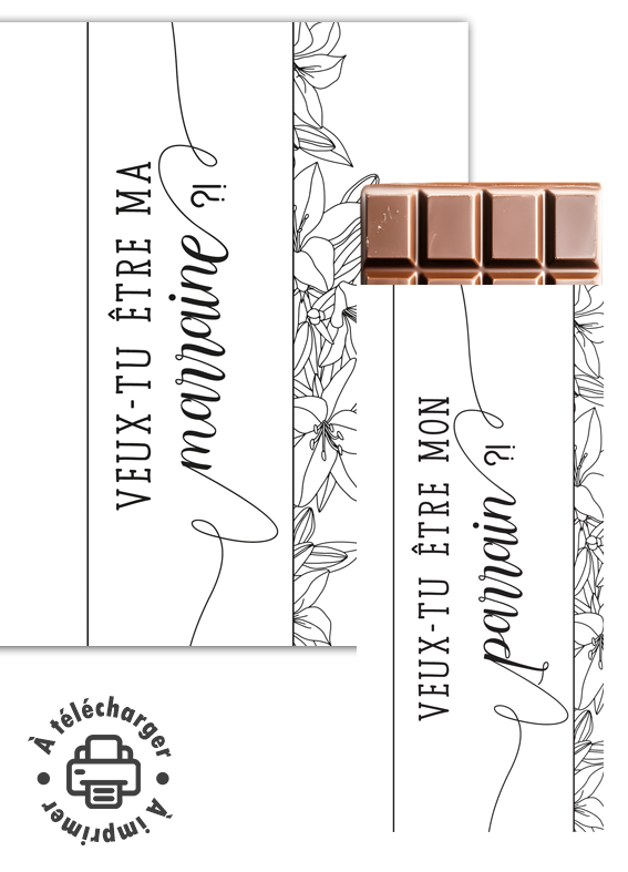 Demande parrain marraine étiquette chocolat noir et blanc à imprimer.