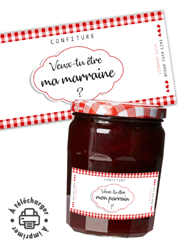 Demande parrain marraine étiquette confiture personnalisée à imprimer.