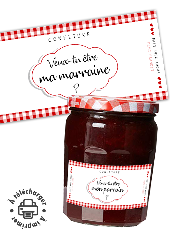 Demande parrain marraine étiquette confiture personnalisée à imprimer.