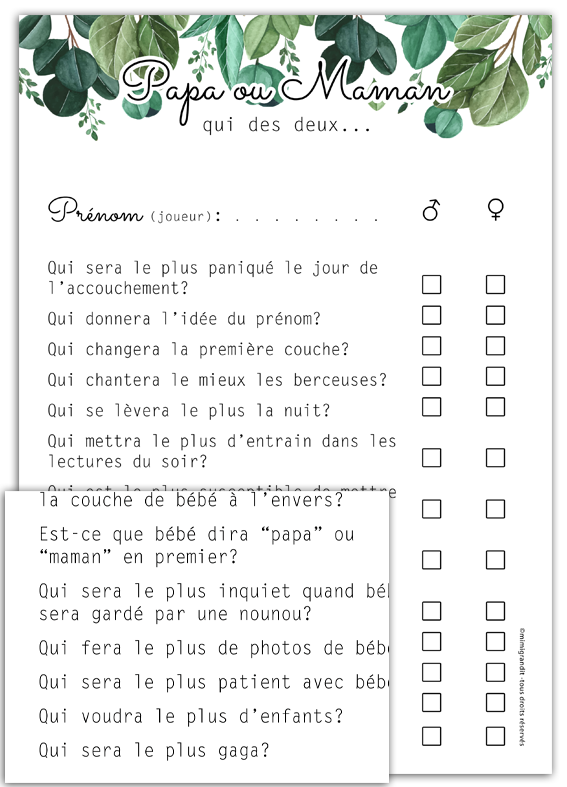 fichier PDF HD pour le jeu baby shower papa ou maman végétal. fichier PDF HD pour le jeu baby shower papa ou maman végétal.