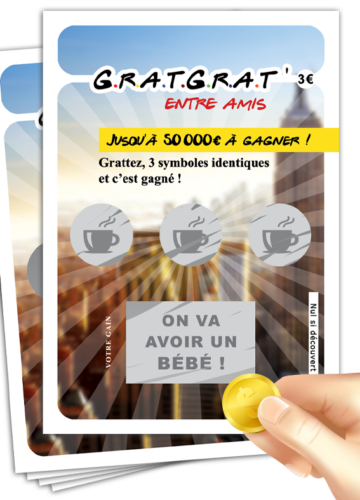 Lot de 5 cartes à gratter annonce grossesse amis message "On va avoir un bébé".