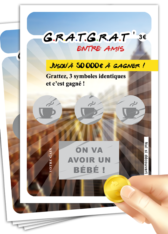 Lot de 5 cartes à gratter annonce grossesse amis message "On va avoir un bébé".