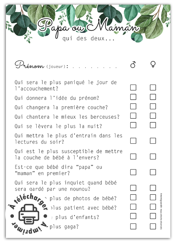 Jeu baby shower papa ou maman feuilles activité "Qui des deux". Jeu baby shower papa ou maman feuilles activité "Qui des deux".