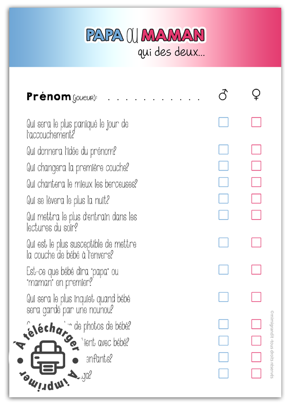 Jeu baby shower papa ou maman à imprimer fiche d'activité "Qui des deux".