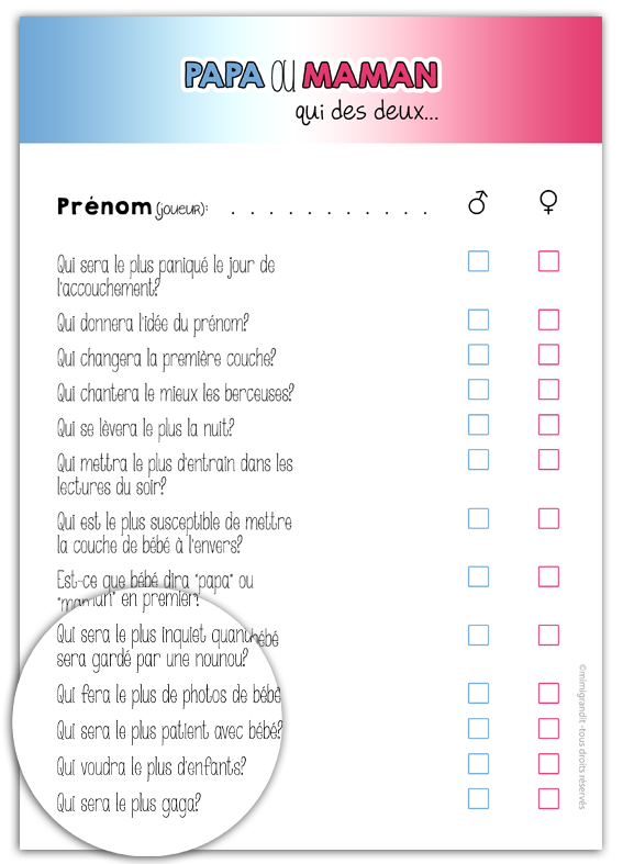 Gabarit A4 du fichier PDF HD pour le jeu baby shower papa ou maman à imprimer. Gabarit A4 du fichier PDF HD pour le jeu baby shower papa ou maman à imprimer.