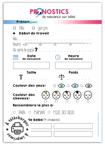 Pronostics baby shower à imprimer fiche de jeu complète pour fête prénatale.