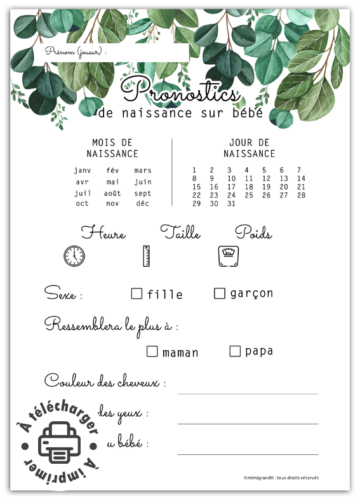 Pronostics bébé à imprimer fiche de jeu baby shower thème feuilles.