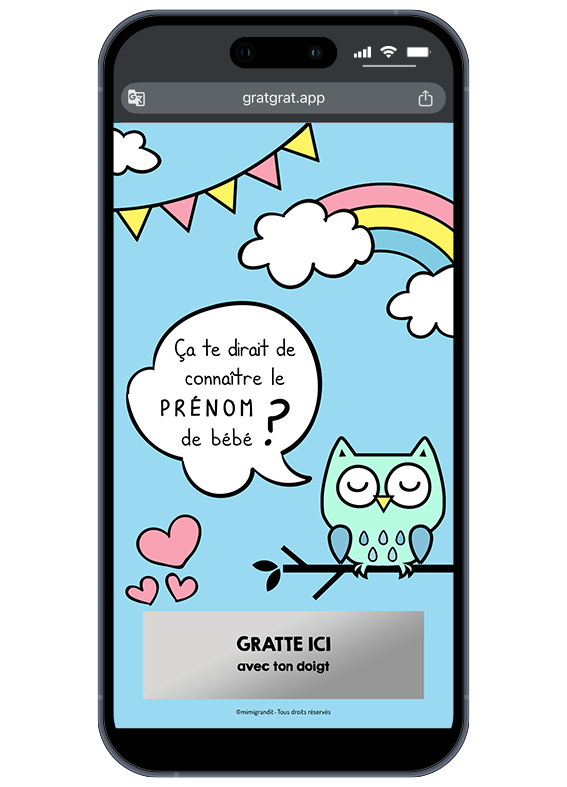 Carte à gratter numérique annonce prénom bébé thème hibou avec zone à gratter "Révèle mon prénom" sur smartphone.
