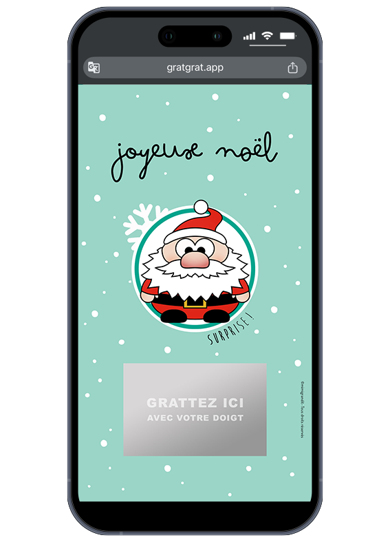 Annonce sexe bébé numérique Noël avec illustration de Père Noël et zone à gratter "Surprise" sur l'écran d'un smartphone.