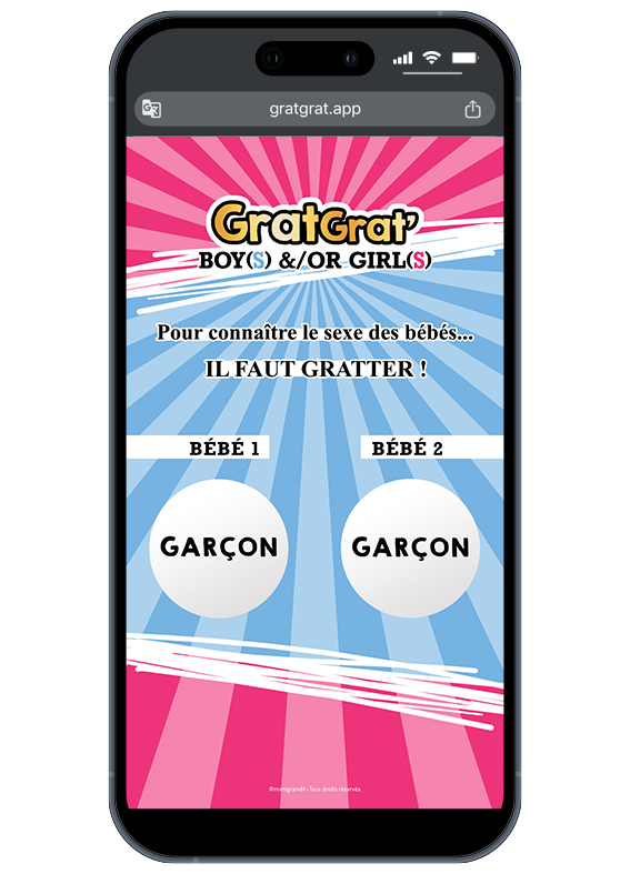 Un duo de choc arrive ! Félicitations pour vos deux petits garçons. Annonce numérique de sexe de jumeaux sur téléphone affichant le résultat "Garçon / Garçon".