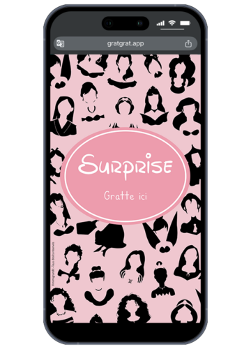 Carte à gratter numérique annonce sexe bébé thème princesses avec silhouettes noires sur fond rose et pastille "Surprise - Gratte ici".