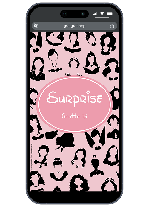 Carte à gratter numérique annonce sexe bébé thème princesses avec silhouettes noires sur fond rose et pastille "Surprise - Gratte ici".