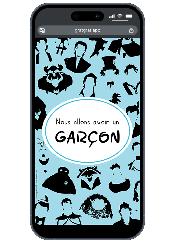 Carte annonce sexe bébé sur téléphone garçon. Capture d'écran mobile du résultat "C'EST UN GARÇON !" sur une carte à gratter virtuelle.