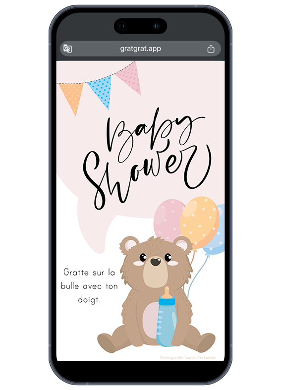 Invitation virtuelle baby shower ourson mignon carte a gratter numerique