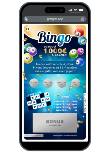 Carte virtuelle personnalisable par sms thème Bingo avec jetons à gratter et case "Bonus" argentée sur smartphone.