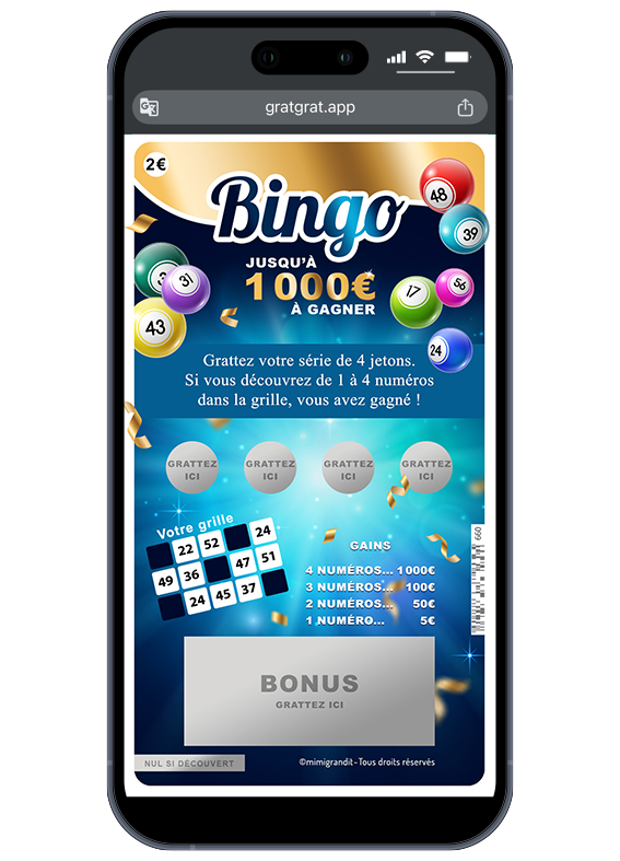 Bingo ! Grattez vos jetons et la case bonus pour découvrir la surprise. Carte virtuelle personnalisable par sms thème Bingo avec jetons à gratter et case "Bonus" argentée sur smartphone.
