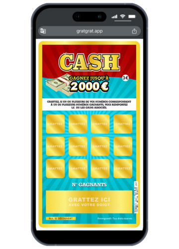 Carte virtuelle personnalisée par sms thème Cash avec pastilles dorées et jackpot fictif de 2000€ sur écran de smartphone.