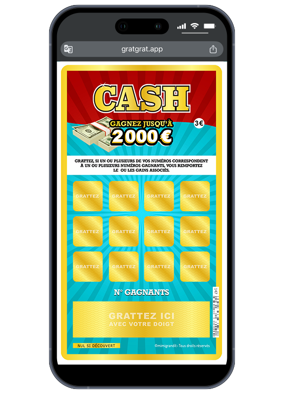 Carte virtuelle personnalisée par sms thème Cash avec pastilles dorées et jackpot fictif de 2000€ sur écran de smartphone.
