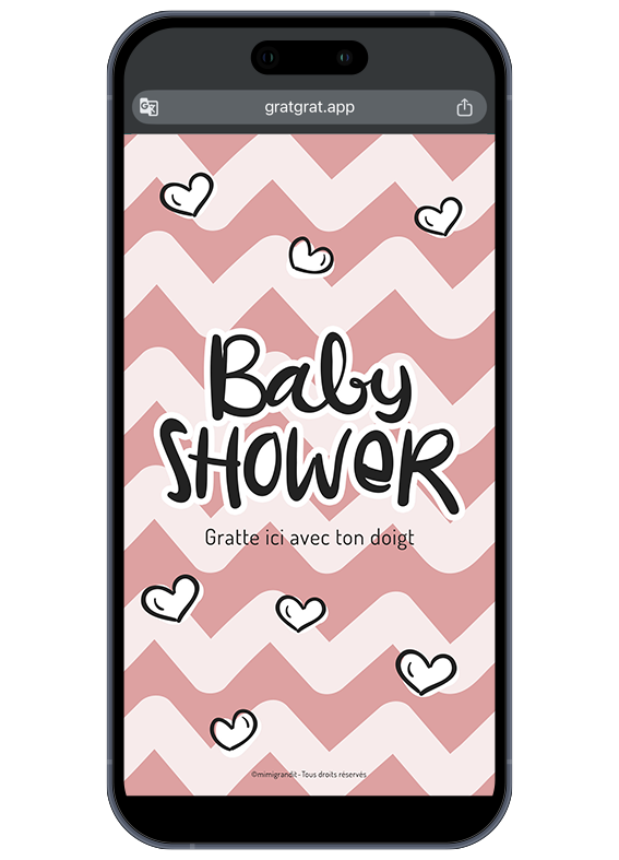 Visuel avant grattage de l'invitation en ligne pour baby shower fill Invitation baby shower fille virtuelle carte a gratter coeur rose