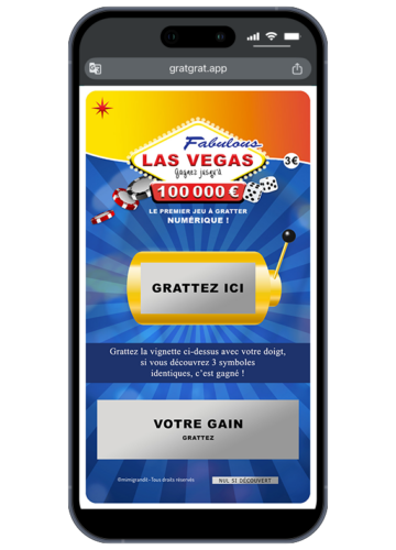 Carte annonce demande personnalisable numérique thème casino Las Vegas avec zones à gratter "Grattez ici" et "Votre gain".