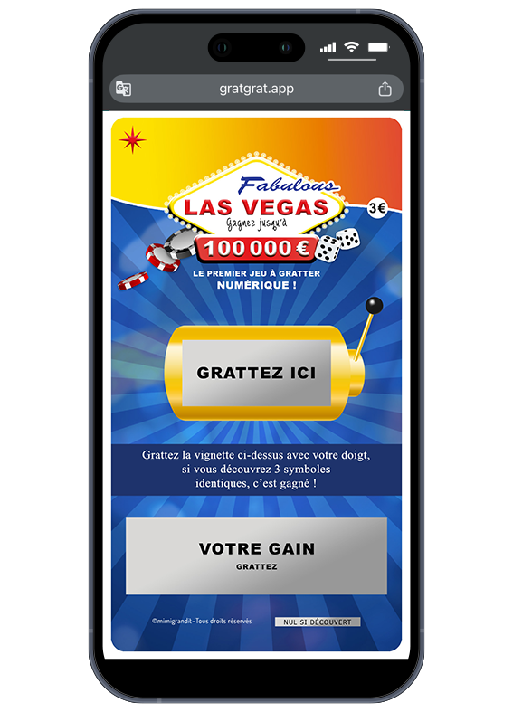 Carte annonce demande personnalisable numérique thème casino Las Vegas avec zones à gratter "Grattez ici" et "Votre gain".