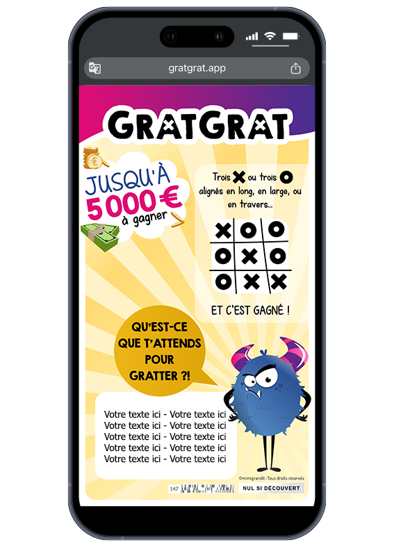 C'est gagné ! Personnalisez votre annonce et partagez-la instantanément à vos proches. Révélation d'un message personnalisé sur une carte à gratter numérique Morpion avec trois symboles alignés.