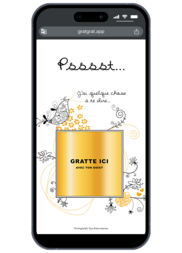 Carte à gratter numérique personnalisable thème oiseau avec pastille dorée "Gratte ici" sur écran de smartphone.