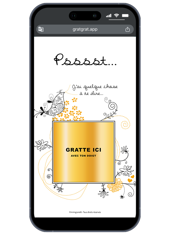 Carte à gratter numérique personnalisable thème oiseau avec pastille dorée "Gratte ici" sur écran de smartphone.