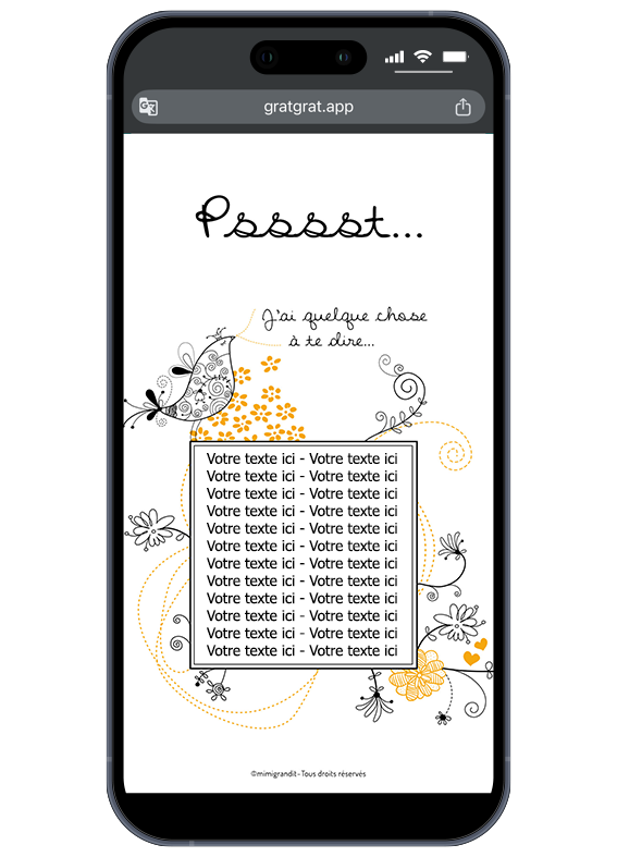 Votre annonce sur-mesure prend vie ! Personnalisez votre texte après l'achat. Rendu du message personnalisé sur la carte virtuelle oiseau après la révélation du texte secret "Votre texte ici".