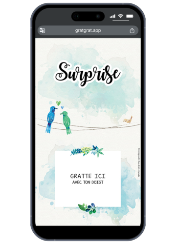 Carte à gratter virtuelle personnalisable surprise avec illustration aquarelle de deux oiseaux sur un fil.