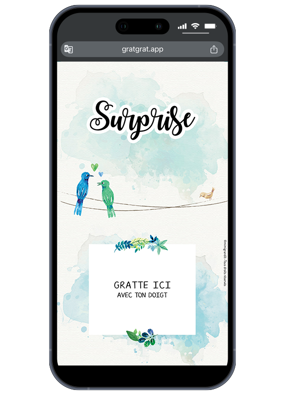Un petit message s'est envolé pour vous... Grattez l'écran pour le découvrir ! Carte à gratter virtuelle personnalisable surprise avec illustration aquarelle de deux oiseaux sur un fil.
