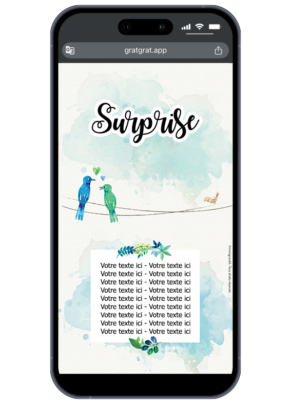 Rédigez votre propre annonce et choisissez votre style en un clin d'œil. Interface d'édition pour le message de la carte virtuelle oiseaux personnalisable.