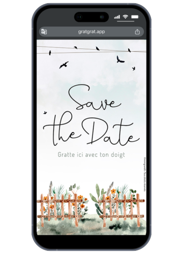 Save the Date numérique champêtre à gratter avec illustration aquarelle de clôture et oiseaux.