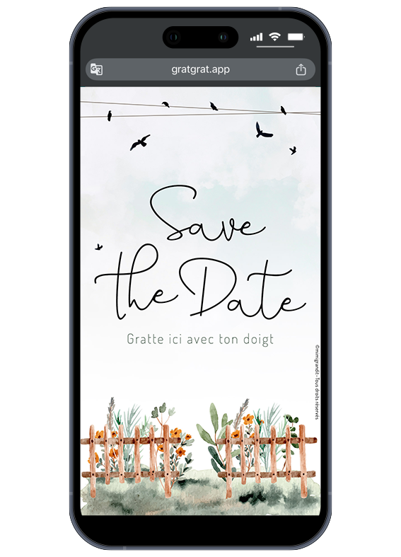 Save the Date numérique champêtre à gratter avec illustration aquarelle de clôture et oiseaux.