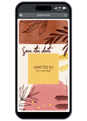 Aperçu sur smartphone d'un Save the Date numérique original à gratter. Design élégant et organique avec feuillage abstrait dans des tons terre cuite, vieux rose et or. Zone centrale jaune 'GRATTEZ ICI' pour révéler la date. Parfait pour mariage bohème, baptême champêtre ou fête prénatale.